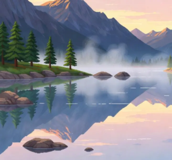 Pixel art alpine lake at dawn with mist and warm sunrise colors reflecting on the water.