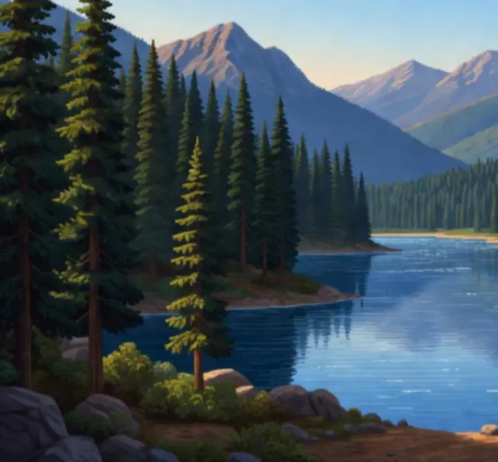 Pixel art alpine lake surrounded by evergreen trees