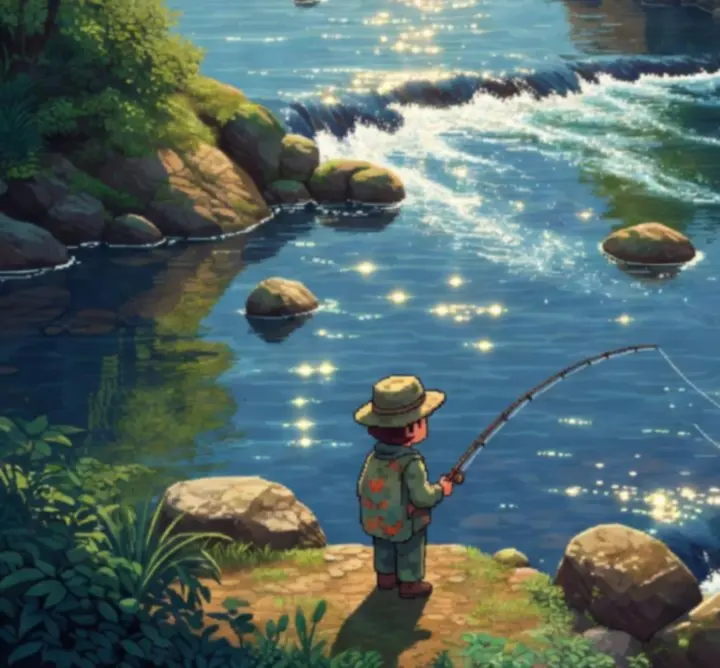 Pixel art river bend with flowing water and warm sunset lighting.