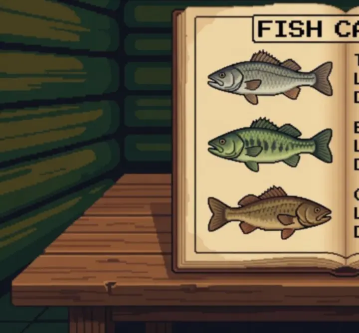 In-game catch log and journal overview in pixel art style.