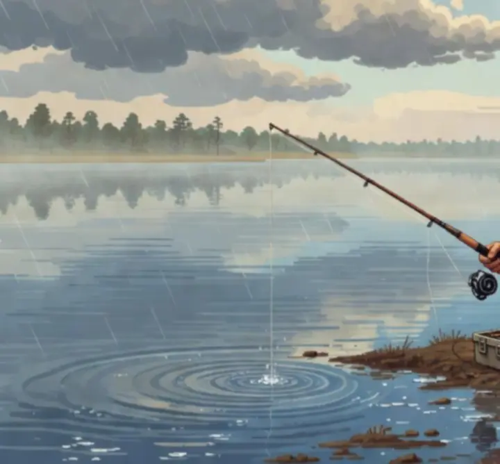 Pixel art river scene with dynamic water and changing weather effects.