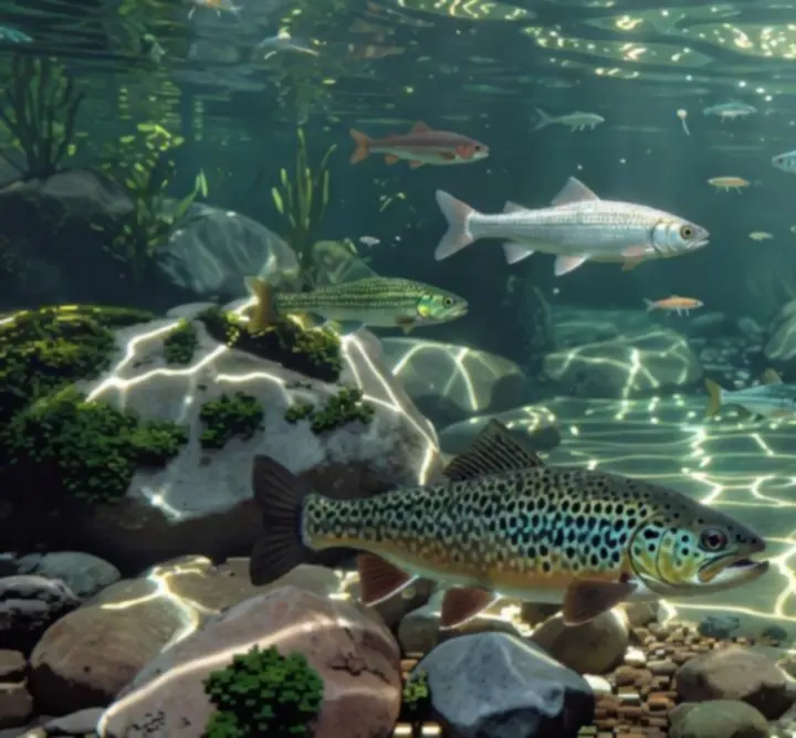 Pixel art view of different fish species swimming underwater.