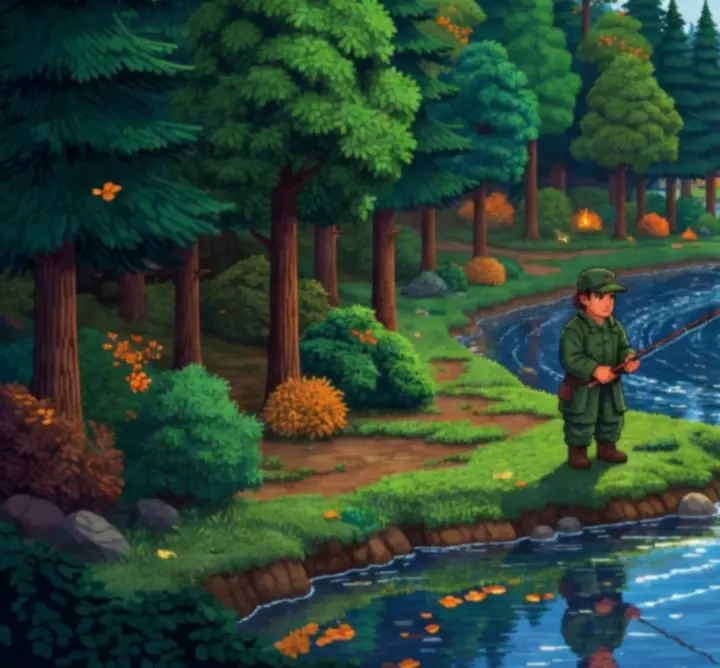 In-game screenshot of an angler casting into a tranquil pixel art river