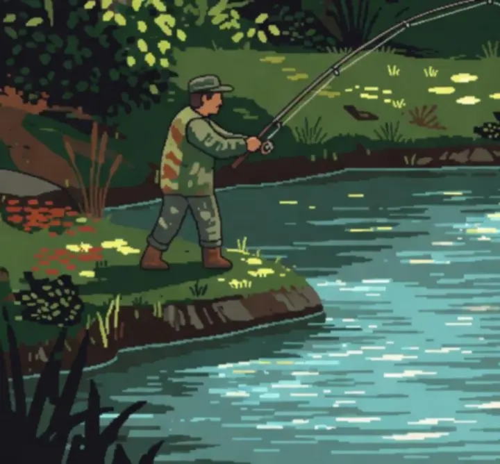 Pixel art angler casting a fly line over a river.