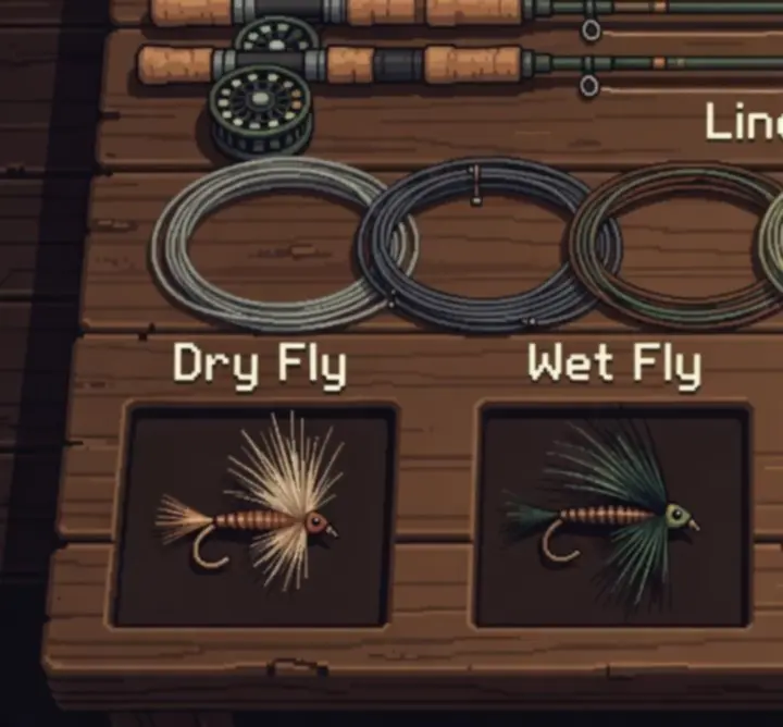 Pixel art selection screen showing fly rods, lines, and fly types.