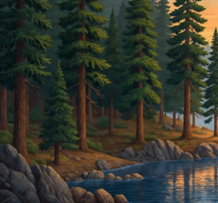 Retro pixel art of a forest and alpine lake surrounded by mountains.
