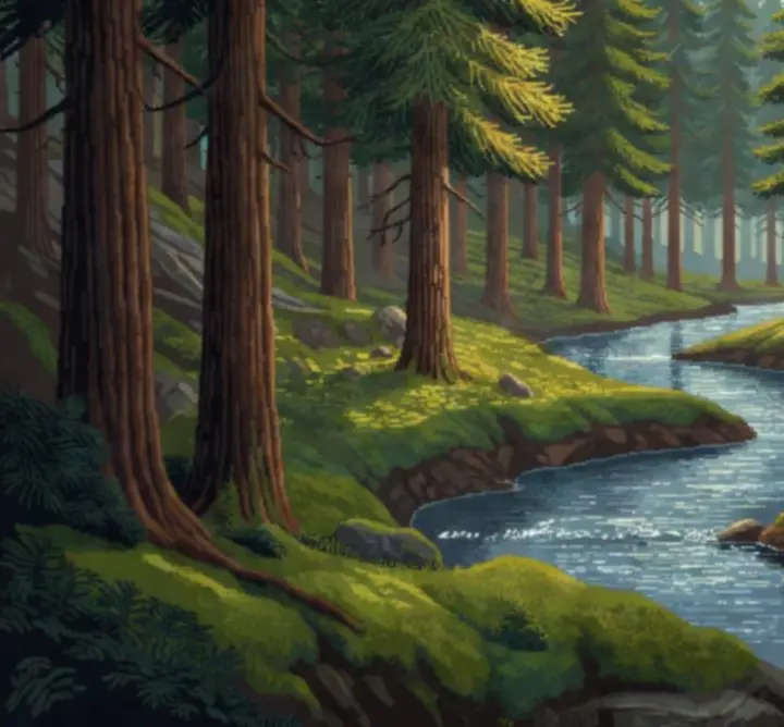 Retro pixel art scene of a shaded forest stream with tall pines and soft light.