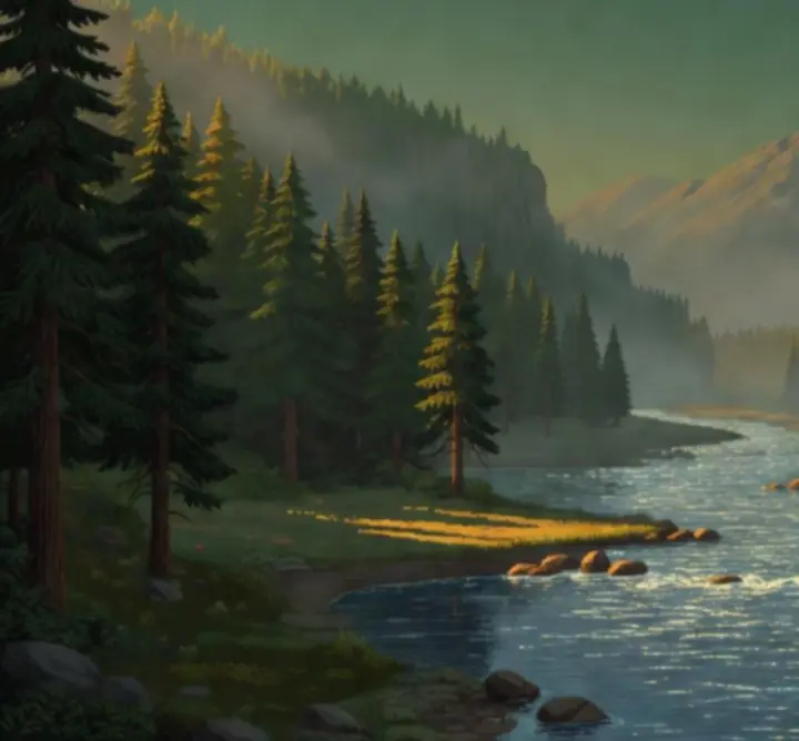 Pixel art of a tranquil river winding through Pine Canyon at dusk.