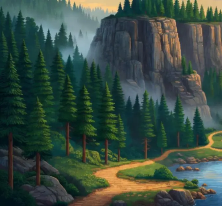 Pixel art landscape of Pine Canyon with forests and a flowing river