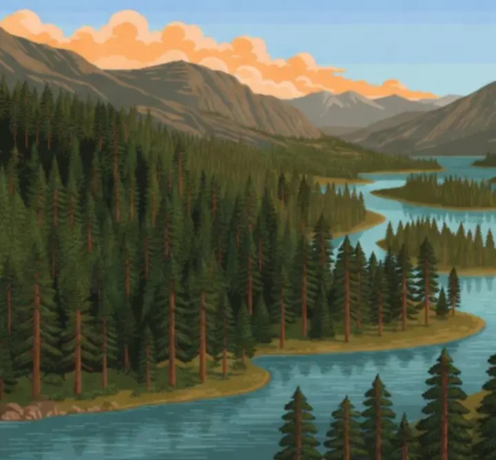 Pixel art overview of Pine Canyon with forests, lakes, and rivers in River Legends: A Fly Fishing Adventure.