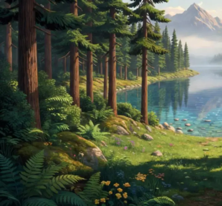 Retro pixel art scene of a forest lake in Pine Canyon at dusk.