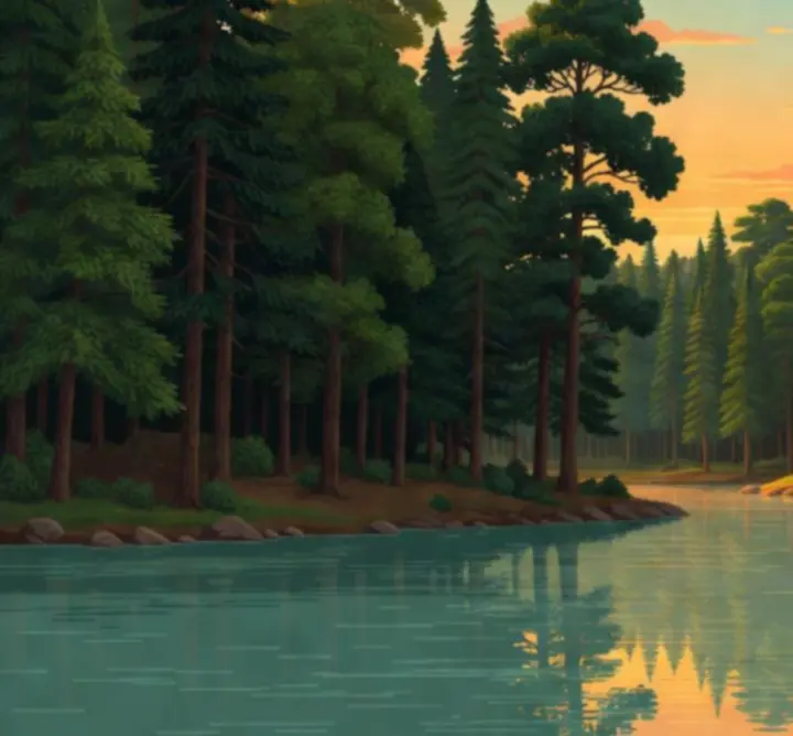 Pixel art forest lake scene from River Legends: A Fly Fishing Adventure.