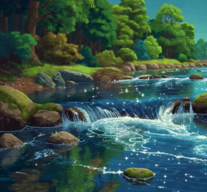 Pixel art animation of flowing river water and ripples.