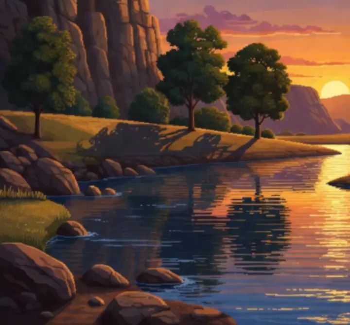 Pixel art sunset over a calm river with reflections on the water.