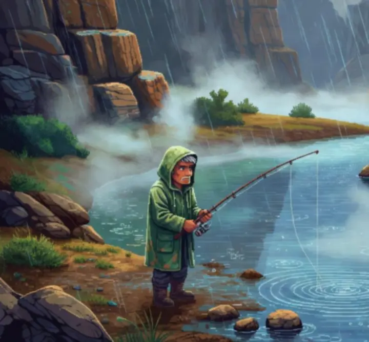 Pixel art river scene showing changing weather during a fishing session.